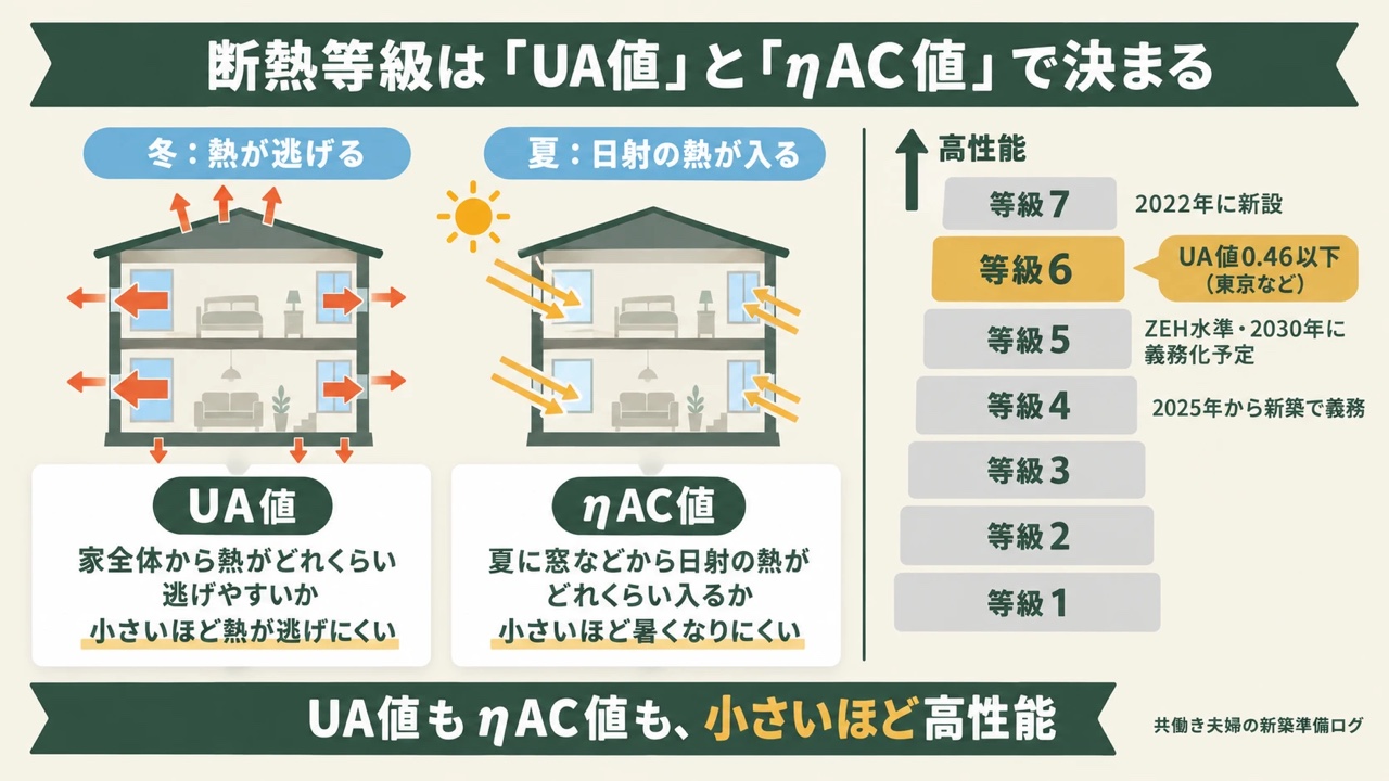 断熱等級の決まり方の図。冬は屋根・壁・床・窓から熱が逃げ、窓からがいちばん多い(UA値)。夏は窓から日射の熱が入る(ηAC値)。等級1〜7のうち、等級4は2025年から新築で義務、等級5はZEH水準、等級6はUA値0.46以下(東京など)