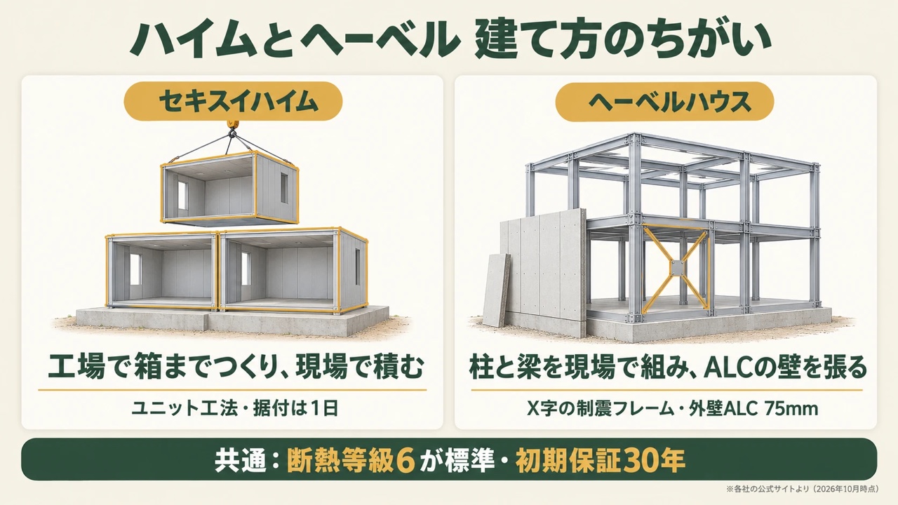 セキスイハイムとヘーベルハウスの建て方のちがいの図。セキスイハイムは工場でつくった箱を現場で積み、ヘーベルハウスは柱と梁を現場で組んでX字の制震フレームとALCの壁を取り付ける。共通点は断熱等級6が標準で初期保証30年