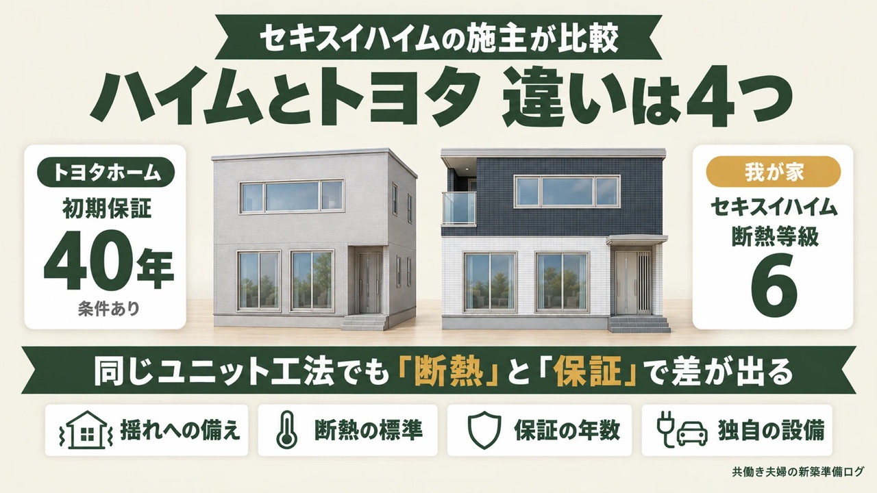 セキスイハイムとトヨタホームの違い4つ（揺れへの備え・断熱の標準・保証の年数・独自の設備）を比べるアイキャッチ