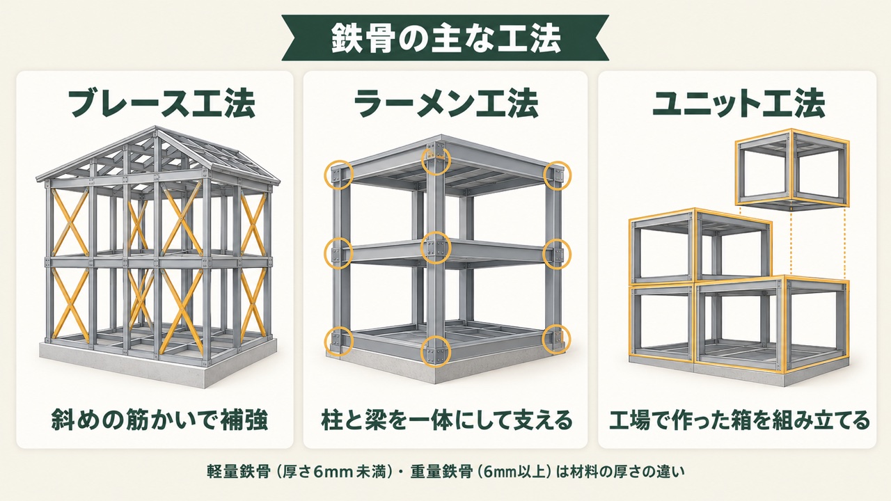 鉄骨の主な工法の図。ブレース工法は斜めの筋かいで補強、ラーメン工法は柱と梁を一体にして支える、ユニット工法は工場で作った箱を組み立てる