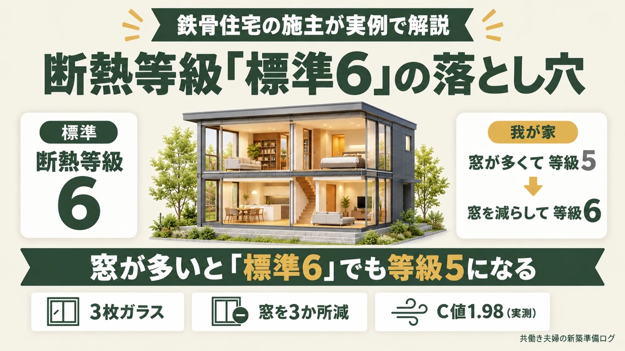 断熱等級「標準6」の落とし穴を説明する図。カタログの標準は断熱等級6だが、我が家は窓が多くて等級5になり、窓を減らして等級6にした流れと、3枚ガラス・窓を3か所減・C値1.98の実例