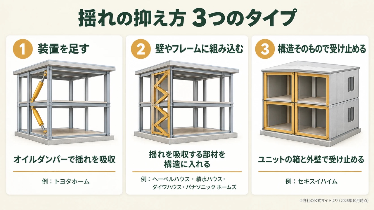揺れの抑え方3つのタイプの図。装置を足す（オイルダンパー・例トヨタホーム）、壁やフレームに組み込む（揺れを吸収する部材・例ヘーベルハウス・積水ハウス・ダイワハウス・パナソニック ホームズ）、構造そのもので受け止める（ユニットの箱と外壁・例セキスイハイム）
