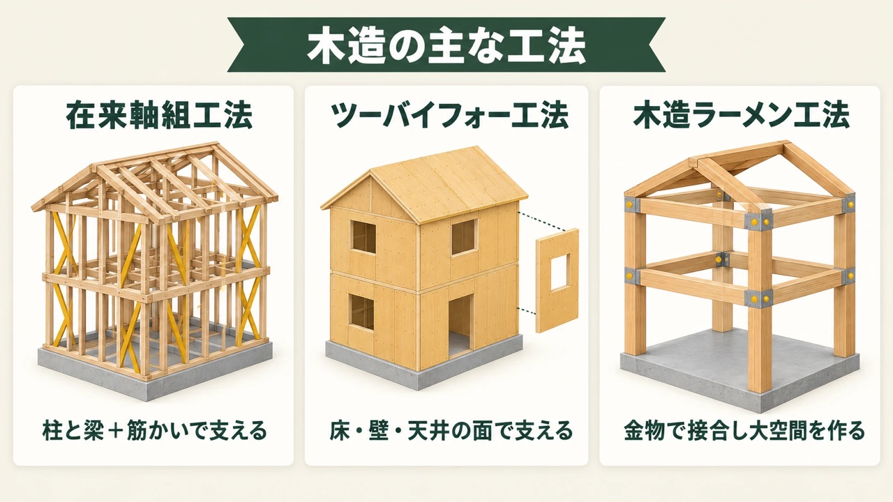 木造の主な工法の図。在来軸組工法は柱と梁と筋かいで支える、ツーバイフォー工法は床・壁・天井の面で支える、木造ラーメン工法は柱と梁を金物で接合して大空間を作る